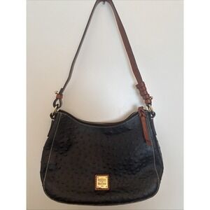 Dooney & Bourke Black Ostrich Embossed Leather Hobo Shoulder Bag Red Lining